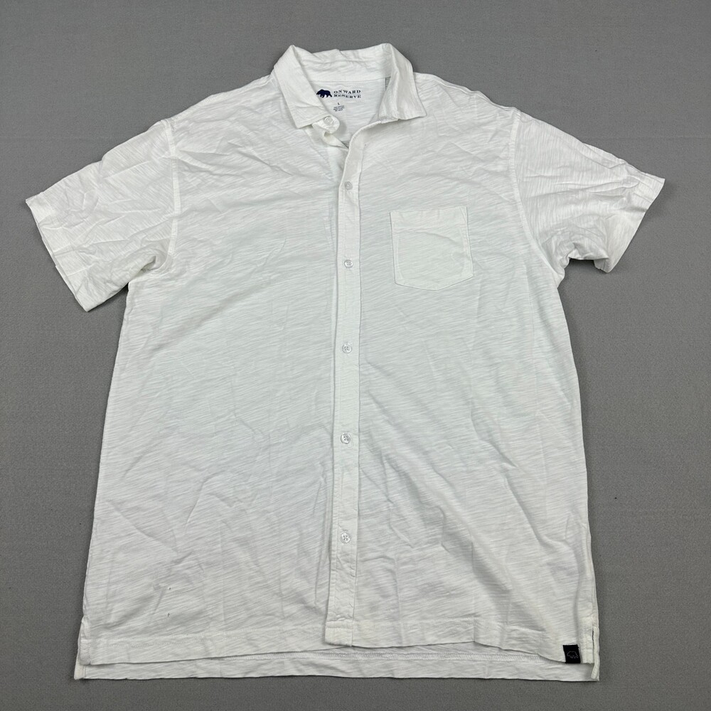 Onward Reserve Shirt Men Large White Solid Button Up Short Sleeve Pocket L *